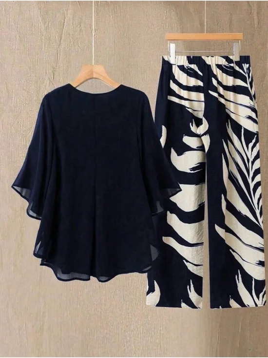 SHEIN Navy Blouse with Navy-and-Cream Leaf Print Wide-Leg Pants - Picture 2 of 7